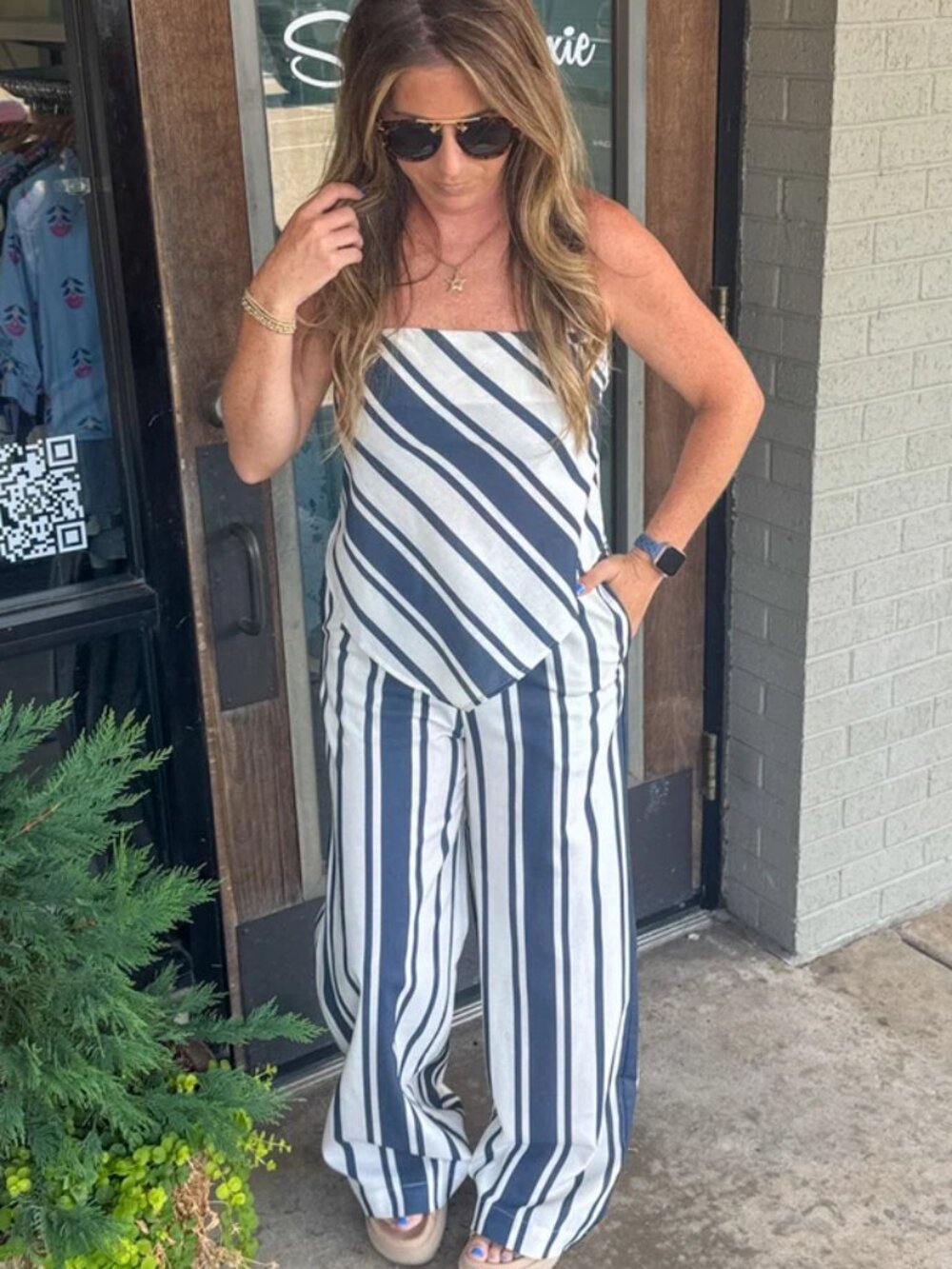 Linen Striped Strapless Top and Pants Set Blue